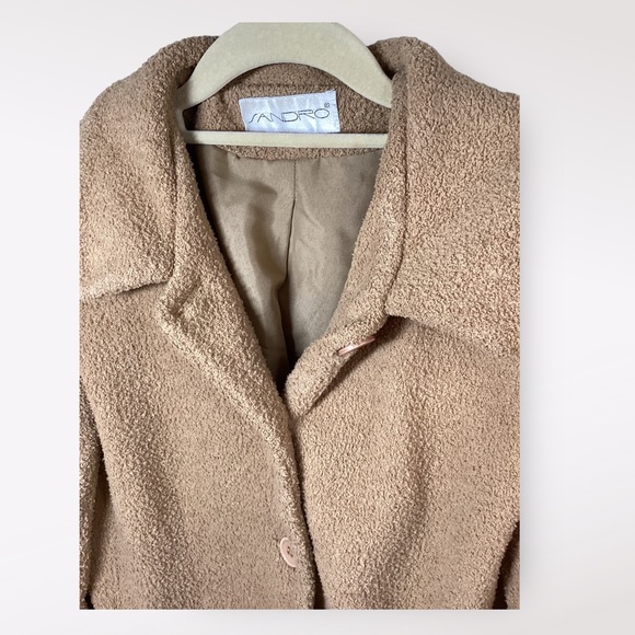 SANDRO Jacket Womens Button Front Long Sleeve Pockets Lined Camel Large Loosefit - Picture 3 of 5